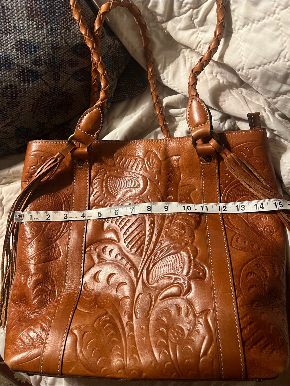 Patricia Nash Rena Burnished Brown Tooled Leather Tote Zip Top Tassels - Picture 10 of 11